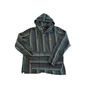 Billabong Rancho Hoodie Men's L Gray teal Striped Pullover Surf Skater Hippie